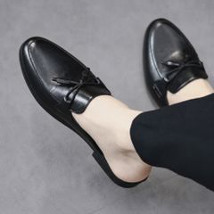 ( BAN L43 ) Sục da mềm giá rẻ Hàn Quốc, Giày sục mùa hè da đen lì thắt nơ đế cao su cao 3cm chống trơn trượt
