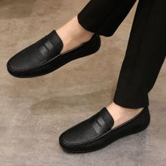 ( BAN L68 ) Giày mọi in hoạ tiết kẻ sọc nam tính, Giày lười Moca da mềm chống nhăn hiệu quả đế cao su đúc có khâu