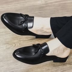 ( BAN L43 ) Sục da mềm giá rẻ Hàn Quốc, Giày sục mùa hè da đen lì thắt nơ đế cao su cao 3cm chống trơn trượt