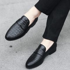 ( BAN L21 ) Giày lười in vân sần gắn băng thủng, Giày tây nam hoa tiết in nổi đế cao su đúc chống trơn trượt có khâu