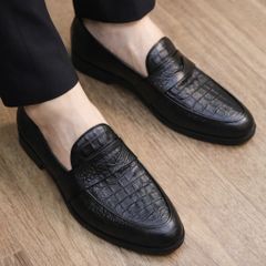 ( BAN L21 ) Giày lười in vân sần gắn băng thủng, Giày tây nam hoa tiết in nổi đế cao su đúc chống trơn trượt có khâu