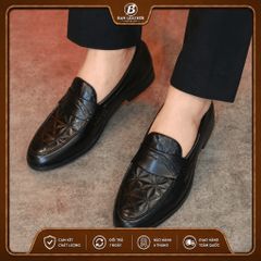 ( BAN L9 ) Giày lười in 3D gắn băng đục máy giả, Giày da nam công sở da PU đế cao su chống trơn trượt có khâu