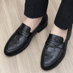 ( BAN L10 ) Giày lười in vân sần gắn băng thủng, Giày da công sở thiết kể thanh lịch đế cao 3cm có khâu