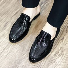 ( BAN L37 ) Giày Sục Da Bóng In Kẻ Dọc Hàn Quốc, Giầy Hở Gót Đệm Lót Da Đế Cao Su Đúc Nguyên Khối Chống Trơn Trượt