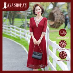 Đầm Dài Cổ V Thanh Lịch Phối Ren Cho Mẹ VH26
