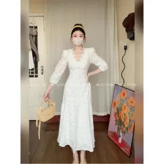 Đầm Dài Thêu Ren Cổ V Dáng Đuôi Cá Kiểu Pháp Thanh Lịch Cho Nữ VH07