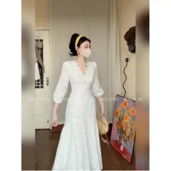 Đầm Dài Thêu Ren Cổ V Dáng Đuôi Cá Kiểu Pháp Thanh Lịch Cho Nữ VH07