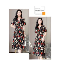 Đầm Cotton Lụa Mềm Mát  Cổ V In Hoa Thanh Lịch VH06