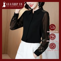 Áo Sơ Mi Nữ Công Sở Đen Phối Ren Thêu Ngọt Ngào SM15