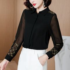 Áo Sơ Mi Nữ Công Sở Đen Phối Ren Thêu Ngọt Ngào SM15
