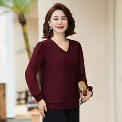 Áo Thun Dài Tay Xuân Thu Cổ V Che Bụng Cho Nữ Trung Niên SM102