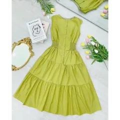 Đầm Xanh Bơ Vintage Sát Nách Cổ Tròn Nhún Eo Dáng Xòe Cho Nữ VH09