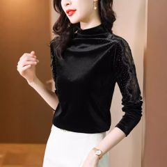 Áo Thun Nhung Phối Cổ Ren Cao Đính Kim Cương Dài Tay Cho Nữ SM120