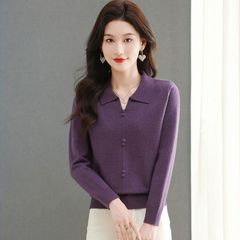 Áo Len Thời Trang Dệt Kim Màu Trơn Cài Ve Mùa Thu Đông Cho Nữ AL123
