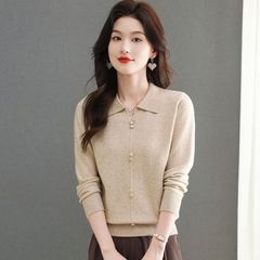 Áo Len Thời Trang Dệt Kim Màu Trơn Cài Ve Mùa Thu Đông Cho Nữ AL123