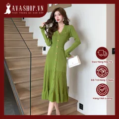 Đầm Xòe Dệt Kim Đuôi Cá Dài Tay Cổ Chữ V Cho Nữ AL25