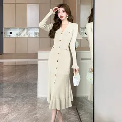 Đầm Xòe Dệt Kim Đuôi Cá Dài Tay Cổ Chữ V Cho Nữ AL25