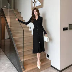Đầm Xòe Dệt Kim Đuôi Cá Dài Tay Cổ Chữ V Cho Nữ AL25