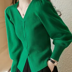 Áo Len Cổ V Tay Phồng Màu Trơn Cho Nữ AL91