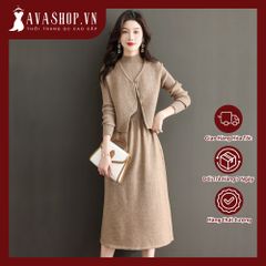 Đầm Len Dệt Kim Phối Áo Khoác Len Không Tay Khí Chất AL89