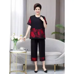 Bộ Đồ Hoa Đỏ Mùa Hè Mềm Đẹp Cỡ Lớn Cho Mẹ Béo AB09