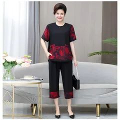 Bộ Đồ Hoa Đỏ Mùa Hè Mềm Đẹp Cỡ Lớn Cho Mẹ Béo AB09