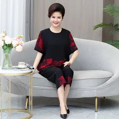 Bộ Đồ Hoa Đỏ Mùa Hè Mềm Đẹp Cỡ Lớn Cho Mẹ Béo AB09