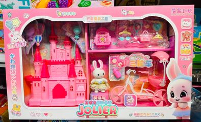 JOLIER Đồ chơi nhà búp ê công chúa màu hồng với lâu đài, xe đạp và các phụ kiện 766