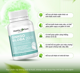 Viên uống Ginkgo Biloba Healthy Care 2000mg Úc - Hỗ trợ tuần hoàn não, cải thiện trí nhớ và khả năng tập trung, bảo vệ sức khỏe toàn diện