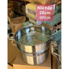 Bộ Nồi Xửng Hấp Inox 430 28cm - Đun Được Trên Bếp Điện Từ, Nắp kính Chắc Chắn