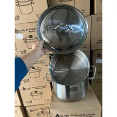 Bộ Nồi Xửng Hấp Inox 430 28cm - Đun Được Trên Bếp Điện Từ, Nắp kính Chắc Chắn