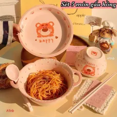 Set 5 Món Bát Đĩa Sứ Gấu Hồng Cute – Bộ Chén Đĩa Decor Cao Cấp Kèm Tô Hai Tai Và Thìa, Gốm Sứ Tráng Men Chịu Nhiệt