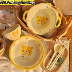 Set 5 Món Bát Đĩa Sứ Gấu Hồng Cute – Bộ Chén Đĩa Decor Cao Cấp Kèm Tô Hai Tai Và Thìa, Gốm Sứ Tráng Men Chịu Nhiệt