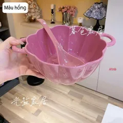 Bát Gốm Sứ Hình Quả Bí Ngô Có Tay Cầm, Tô Đựng Thức Ăn Bát Súp Có Tai kèm thìa Dùng Được Trong Lò Vi Sóng