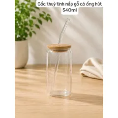 Combo Bình Lắc Pha Chế Vạch Chia + Chày Dầm Inox + Cốc Thủy Tinh Dáng Lon Nắp Gỗ Ống Hút Cao Cấp Làm Trà Chanh Giã Tay