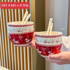 Combo 4 Bát Sứ Kèm Thìa Họa Tiết Ngựa Gỗ Đáng Yêu - Chén Ăn Cơm Sứ Cao Cấp Phong Cách Gốm Sứ Hàn Quốc Decor Bàn Ăn