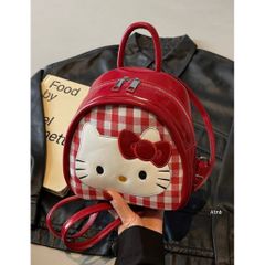 Balo Mini Hello Kitty Dễ Thương Túi Đeo Chéo 2 Trong 1 Da Bóng Cao Cấp Họa Tiết Caro Đỏ Trắng Phong Cách Hàn Quốc