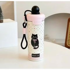 Bình Giữ Nhiệt XCUP Black Cat 600ml Inox SUS 316 Họa Tiết Mèo Đen Dễ Thương, Giữ Nóng Lạnh Lâu, Có Dây Đeo