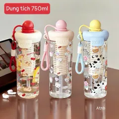 Bình Nước Nhựa 750ml Có Lõi Lọc Trà & Ống Hút - Họa Tiết Hoạt Hình Cute Phong Cách Hàn Quốc (Kèm Quai Xách)