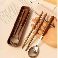 ộ Thìa Đũa Dĩa Thép Không Gỉ Cầm Tay Bằng Gỗ - Dụng Cụ Du Lịch Cắm Trại Văn Phòng Dã Ngoại