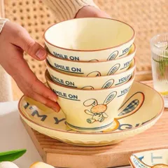 Bộ Bát Đĩa Sứ 4 Món Cao Cấp Hình Thỏ Bunny Vintage – Set Đồ Ăn Sứ Chống Nóng Gồm Bát, Đĩa, Thìa, Đũa Decor Bàn Ăn
