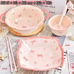 Sét Bát Đĩa Sứ Họa Tiết Nơ Hồng  - Tô Sứ Hai Quai Decor Xinh Xắn, Bát Ăn Cơm Gốm Sứ Cao Cấp Phong Cách Hàn Quốc