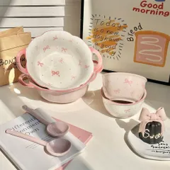 Sét Bát Đĩa Sứ Họa Tiết Nơ Hồng  - Tô Sứ Hai Quai Decor Xinh Xắn, Bát Ăn Cơm Gốm Sứ Cao Cấp Phong Cách Hàn Quốc
