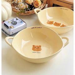Sét Bát Sứ Gấu Life Is Lovely Kèm Thìa Cao Cấp - Bát Ăn Dặm Cho Bé, Tô Đựng Soup Có Hai Quai Cầm Gốm Sứ Decor Dễ Thương