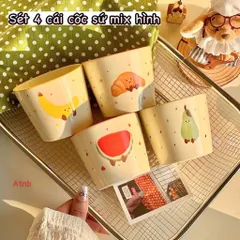 Sét 4 Cốc Sứ Decor Cao Cấp Hình Trái Cây & Croissant Dễ Thương - Ly Sứ Uống Nước, Trà, Cà Phê Hoạt Hình Vintage Đáng Yêu