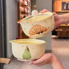 Thố Sứ Có Tay Cầm Kèm Nắp Chống Nóng, Bát Đựng Soup Salad Decor Hình Gấu Và Trái Cây Cao Cấp Dùng Được Lò Vi Sóng