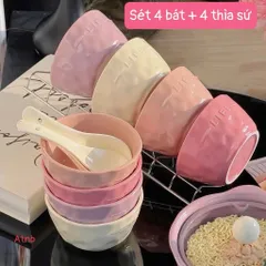 Sét 4 Bát Kèm 4 Thìa Sứ Màu Sắc Pastel Dễ Thương - Bộ Dụng Cụ Ăn Uống Xinh Xắn