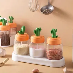 Hũ Đựng Gia Vị Thủy Thủy Tinh Hình Xương Rồng Kèm Thìa, Bộ 4 Lọ Đựng Gia Vị Có Khay Cầm Tiện Lợi Decor Nhà Bếp