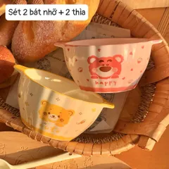 Bộ 2 Bát Sứ Ăn Mì Có Tay Cầm Kèm Thìa Gốm Decor Gấu Lotso, Chén Đựng Soup Salad Dễ Thương Cho Bé Và Gia Đình TopGia