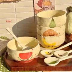 Set 4 Bát Sứ Kèm Thìa Decor Cao Cấp – Bộ Chén Ăn Cơm Họa Tiết Hoa Quả Cute, Gốm Sứ Tráng Men Sáng Bóng Chịu Nhiệt Tố